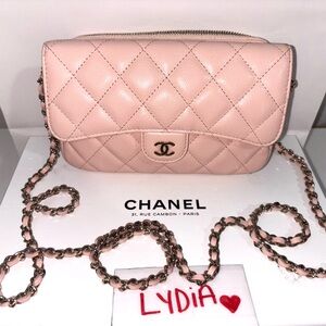 Chanel Pink phone holder w/ chain